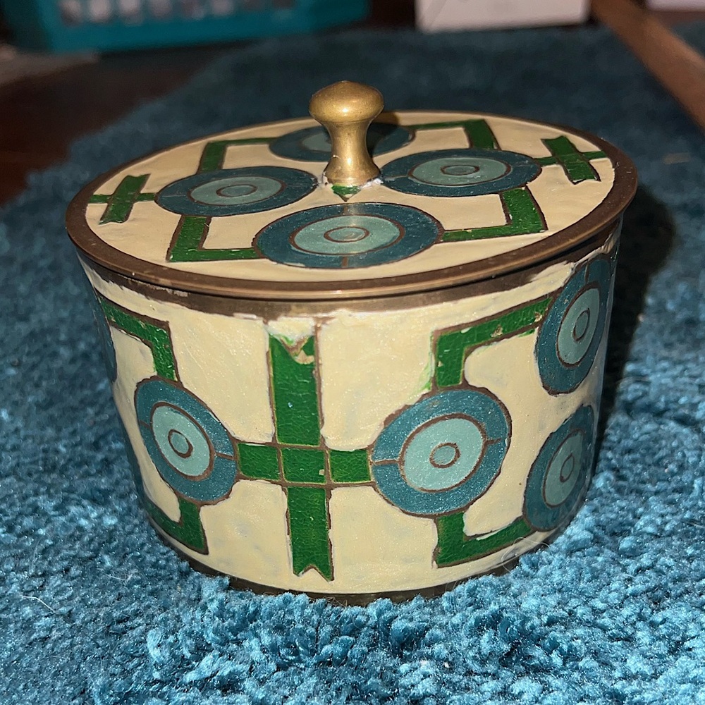 Geometric Patterned Cream and Green Decorative Box